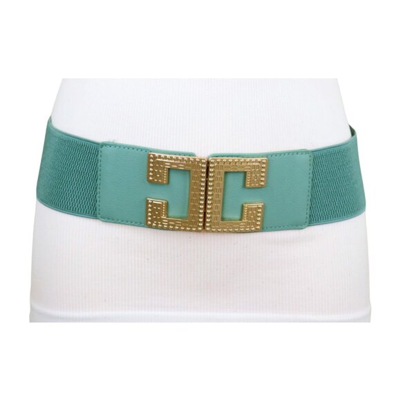 Women Mint Blue Green Color Elastic Fashion Belt Gold Metal C Buckle Fit S M - Picture 12 of 17